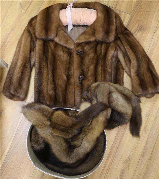A group of fur hats and a fur jacket